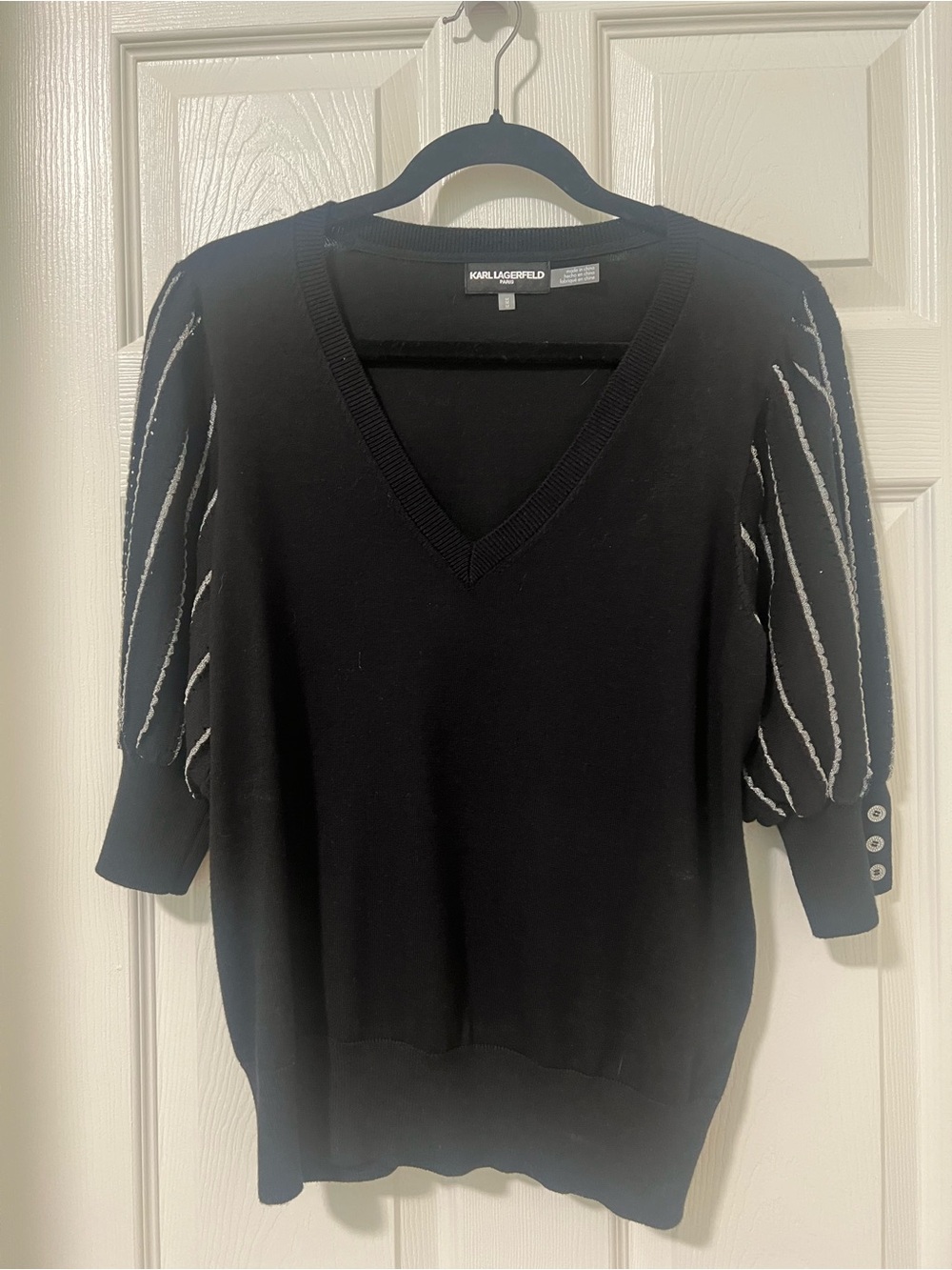 Karl Lagerfeld Black V-Neck Sweater with Striped Puff Sleeves